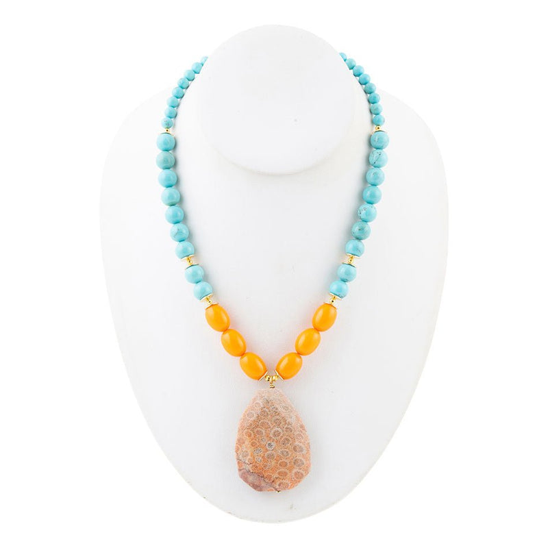 Apricot Fossil Blue Magnesite Golden Pendant Necklace - Barse Jewelry