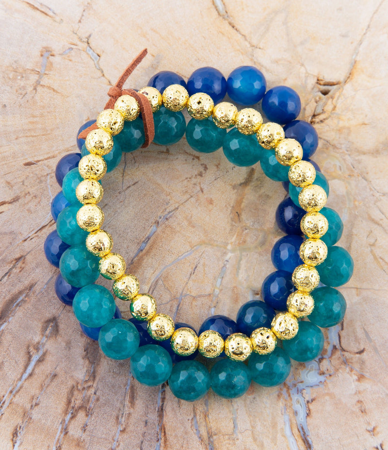 Argo Blue Agate Golden Bracelet Set - Barse Jewelry