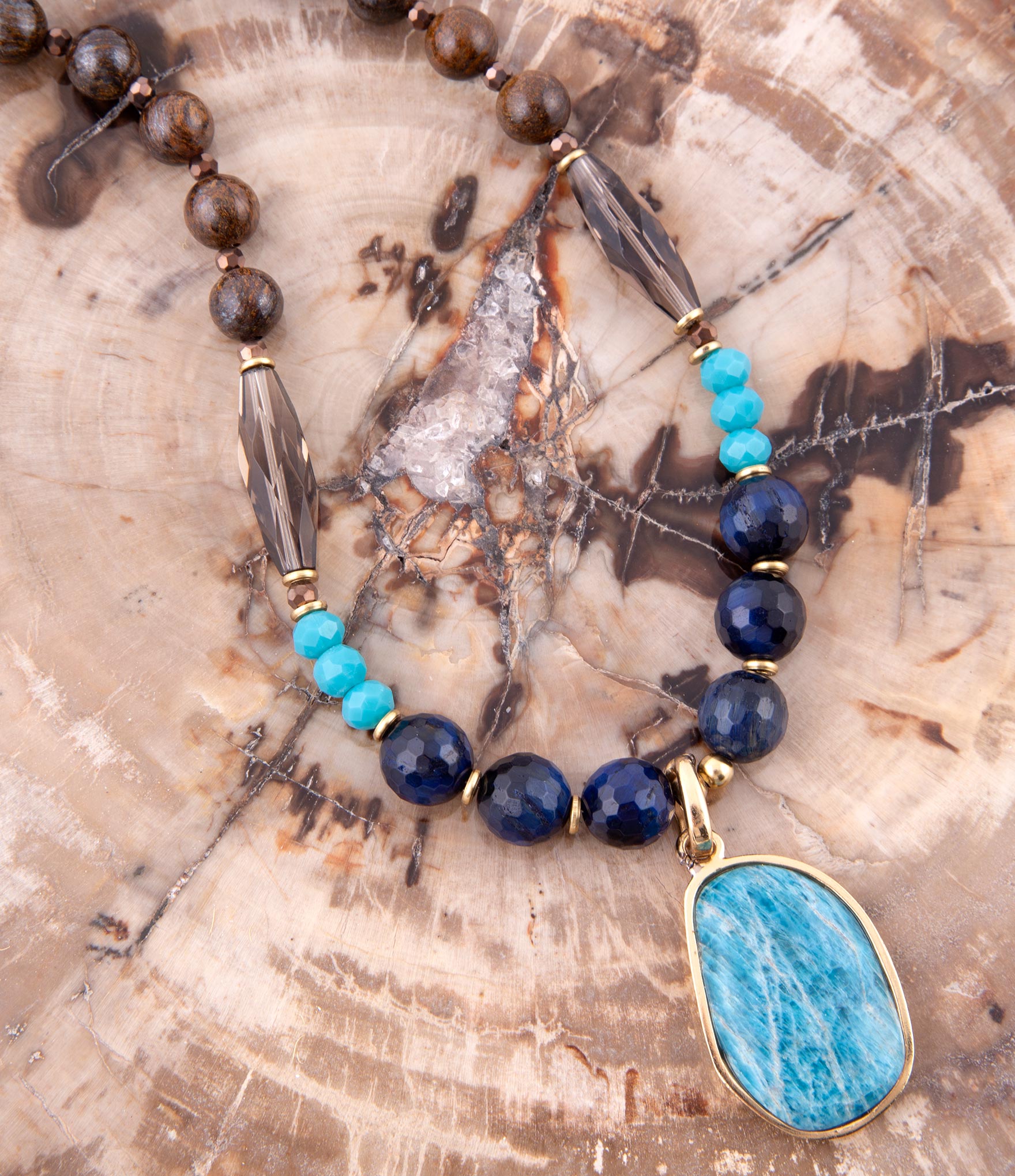 Argo Blue Apatite and Brown Tiger's Eye Golden Pendant Necklace - Barse Jewelry