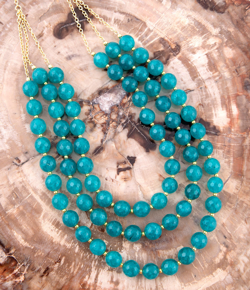 Argo Teal Jade Triple Strand Golden Necklace - Barse Jewelry