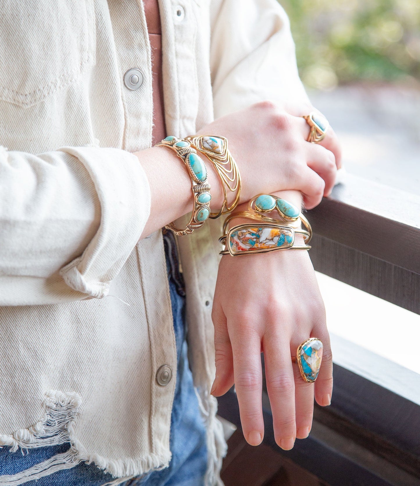 Arrows Blue Turquoise and Orange Spiny Oyster Matrix Golden Cuff Bracelet - Barse Jewelry