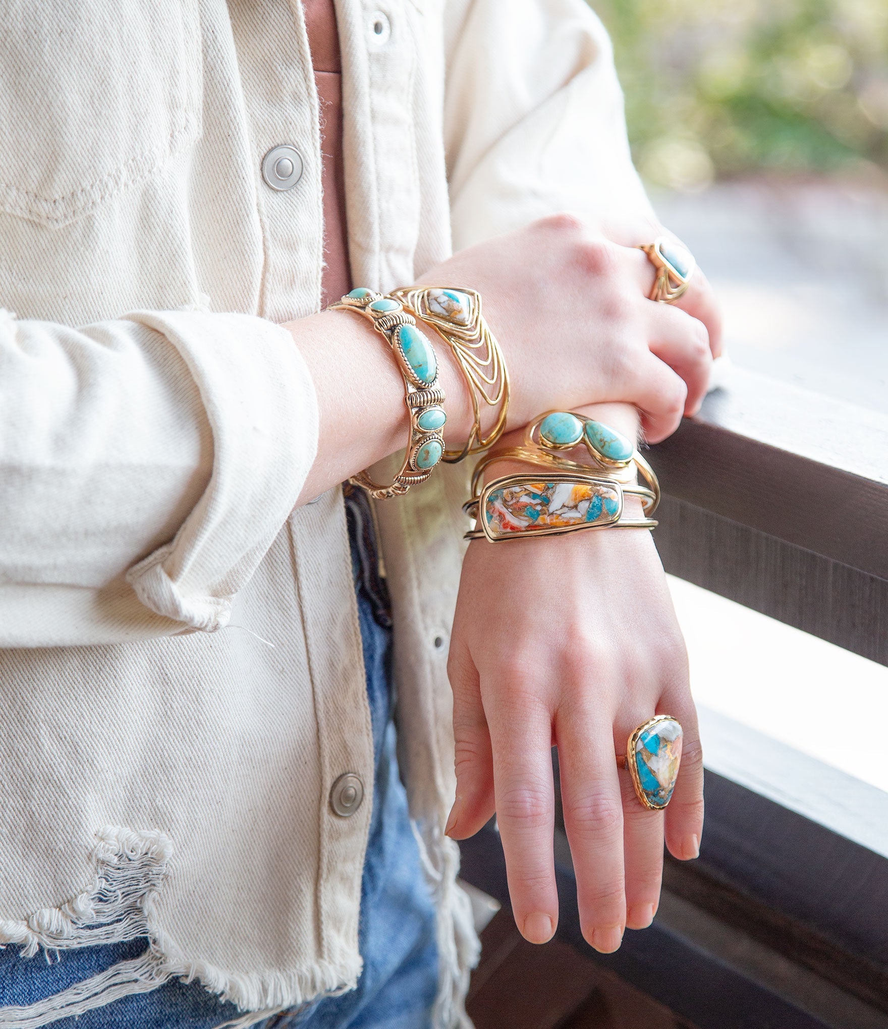 Arrows Blue Turquoise and Orange Spiny Oyster Matrix Golden Cuff Bracelet - Barse Jewelry