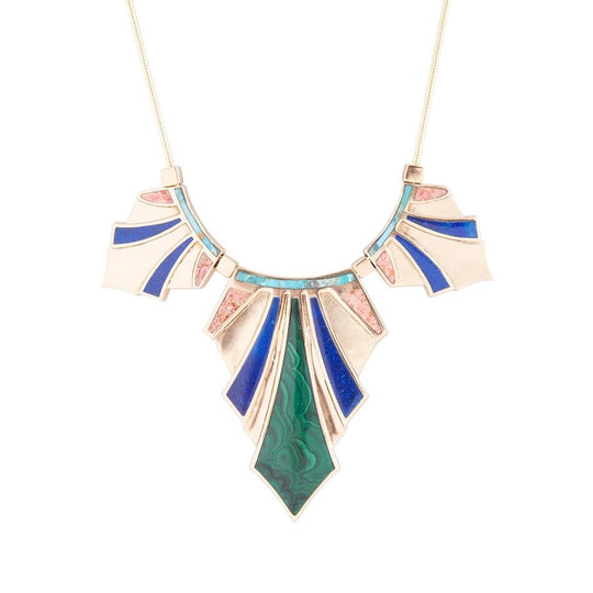 Art Deco Colorful Inlaid Golden Statement Necklace