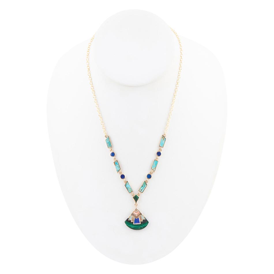 Art Deco Colorful Inlay Golden Necklace - Barse Jewelry