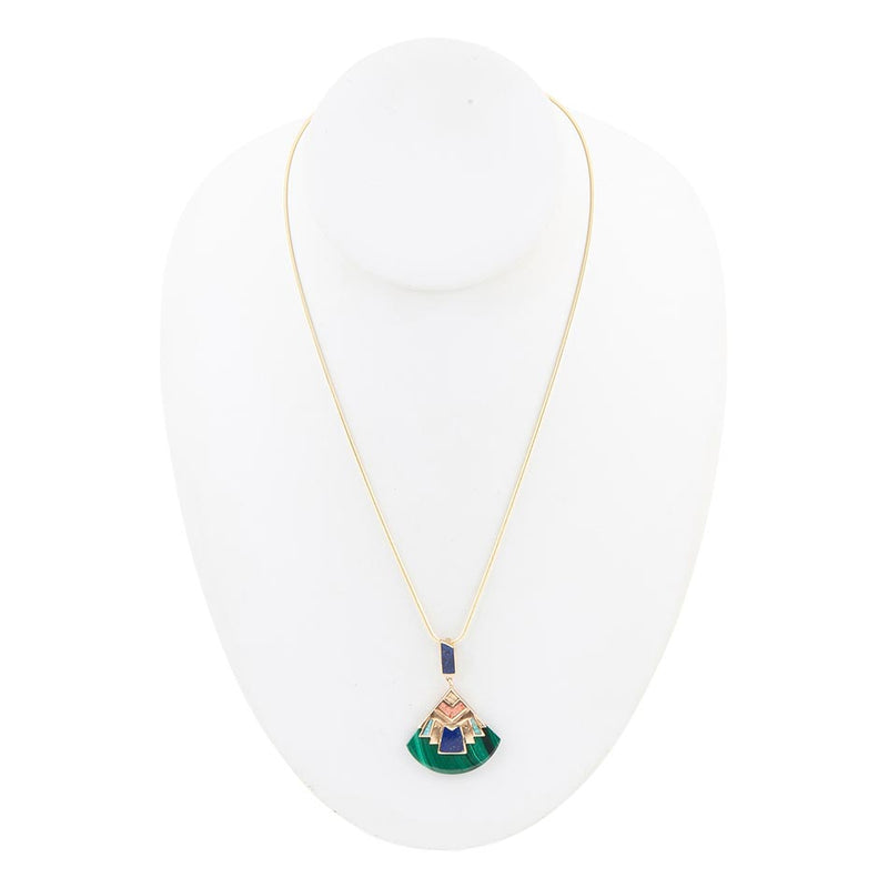 Art Deco Colorful Inlay Golden Pendant Necklace - Barse Jewelry