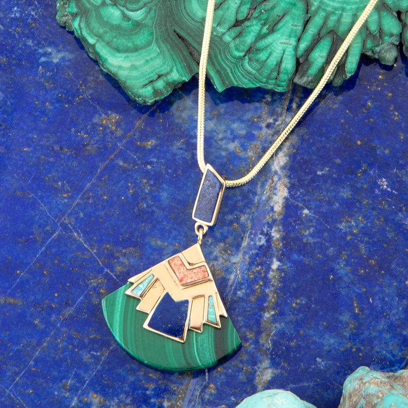 Art Deco Colorful Inlay Golden Pendant Necklace - Barse Jewelry