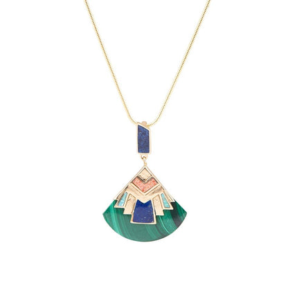 Art Deco Colorful Inlay Golden Pendant Necklace - Barse Jewelry