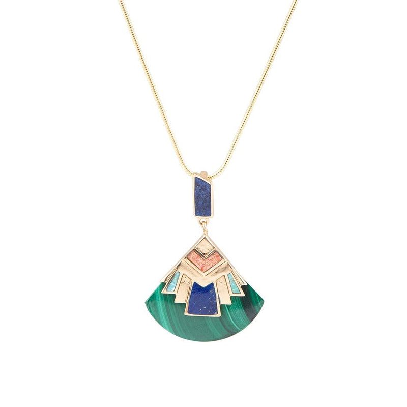 Art Deco Colorful Inlay Golden Pendant Necklace - Barse Jewelry