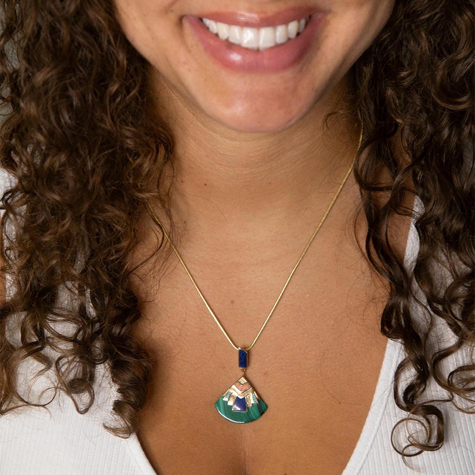 Art Deco Colorful Inlay Golden Pendant Necklace - Barse Jewelry