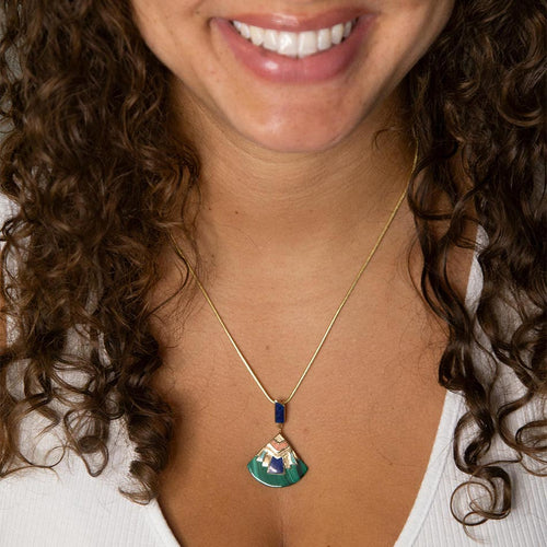 Art Deco Colorful Inlay Golden Pendant Necklace - Barse Jewelry