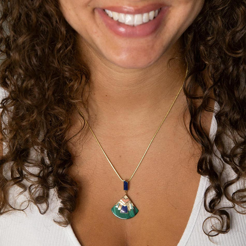 Art Deco Colorful Inlay Golden Pendant Necklace - Barse Jewelry