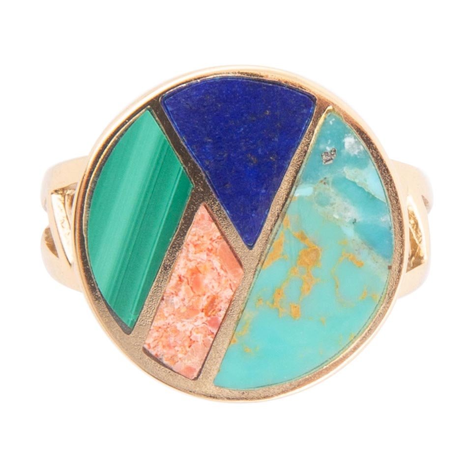 Art Deco Colorful Inlay Golden Ring - Barse Jewelry