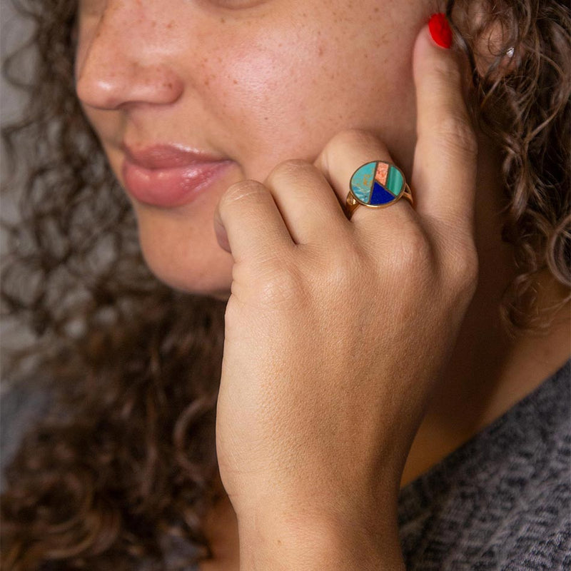 Art Deco Colorful Inlay Golden Ring - Barse Jewelry
