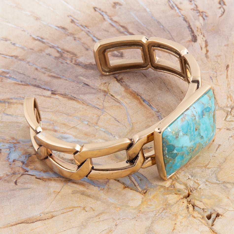 Athena Blue Turquoise Golden Chain Cuff Bracelet - Barse Jewelry