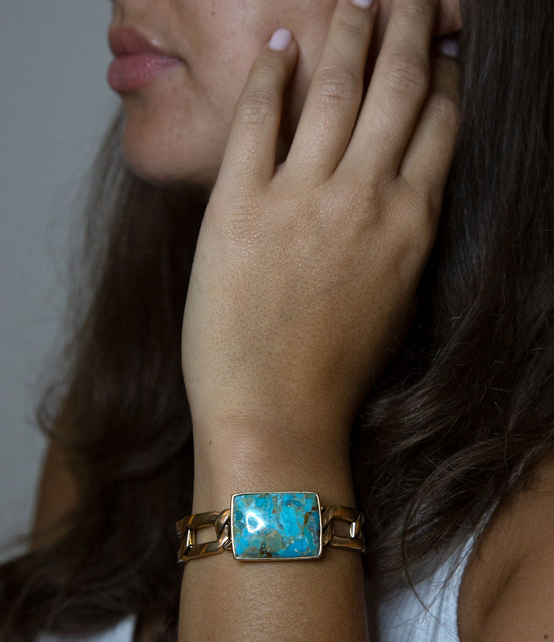 Athena Blue Turquoise Golden Chain Cuff Bracelet - Barse Jewelry