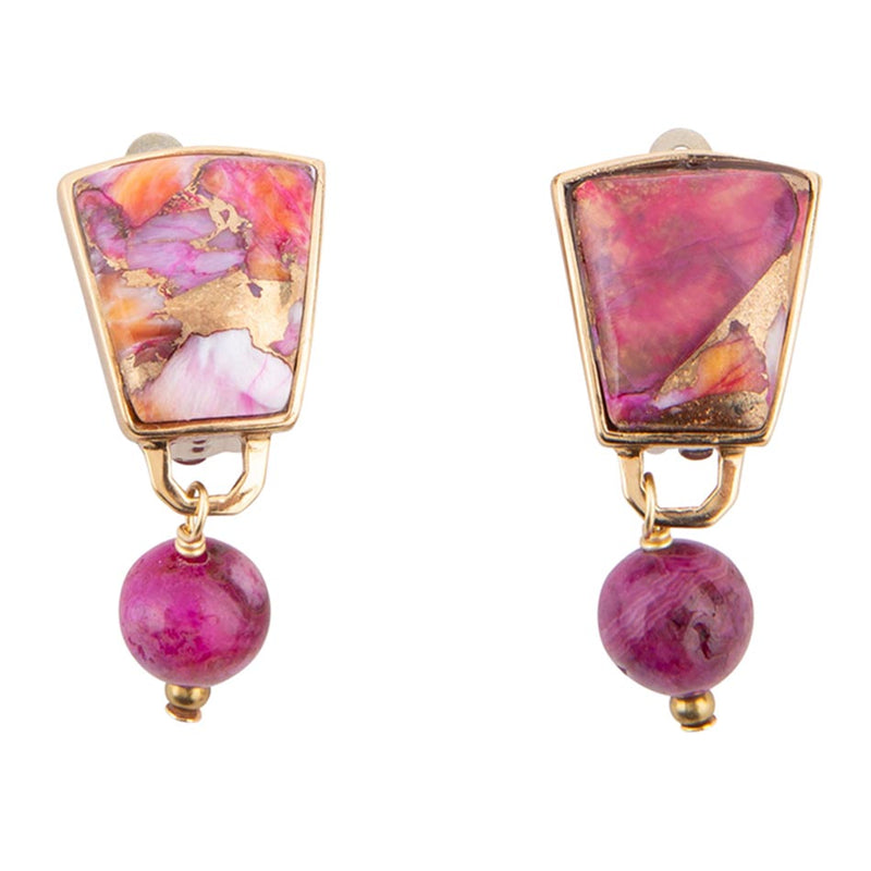 Athena Pink Spiny Oyster Matrix Golden Clip Earrings - Barse Jewelry
