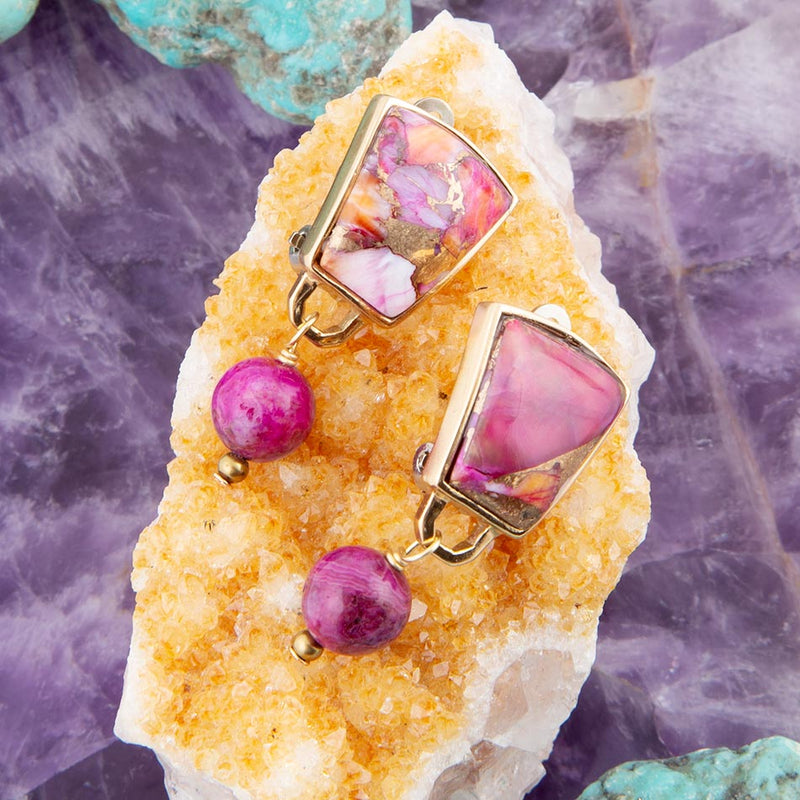 Athena Pink Spiny Oyster Matrix Golden Clip Earrings - Barse Jewelry