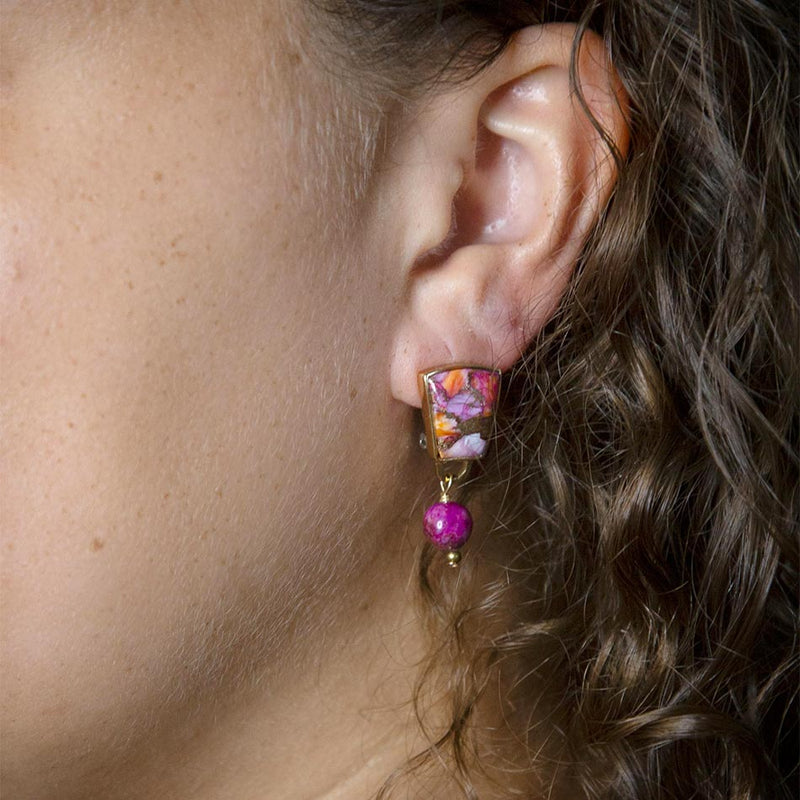 Athena Pink Spiny Oyster Matrix Golden Clip Earrings - Barse Jewelry