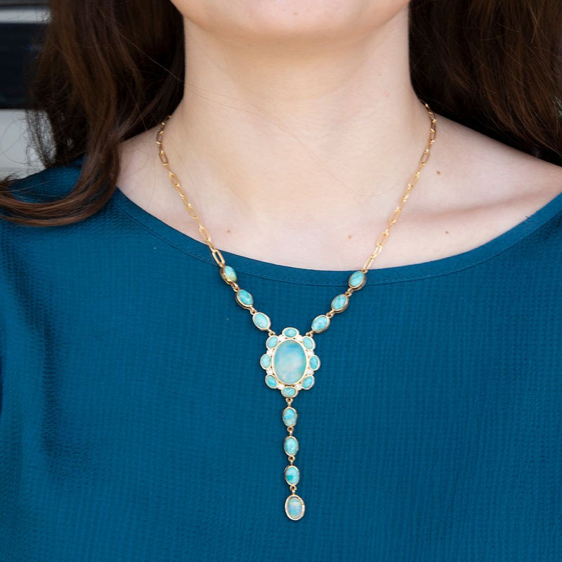 Aurora Blue Opal Golden Y Necklace - Barse Jewelry