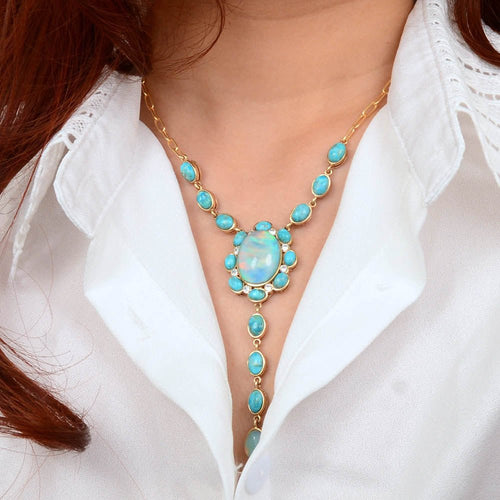 Aurora Blue Opal Golden Y Necklace - Barse Jewelry