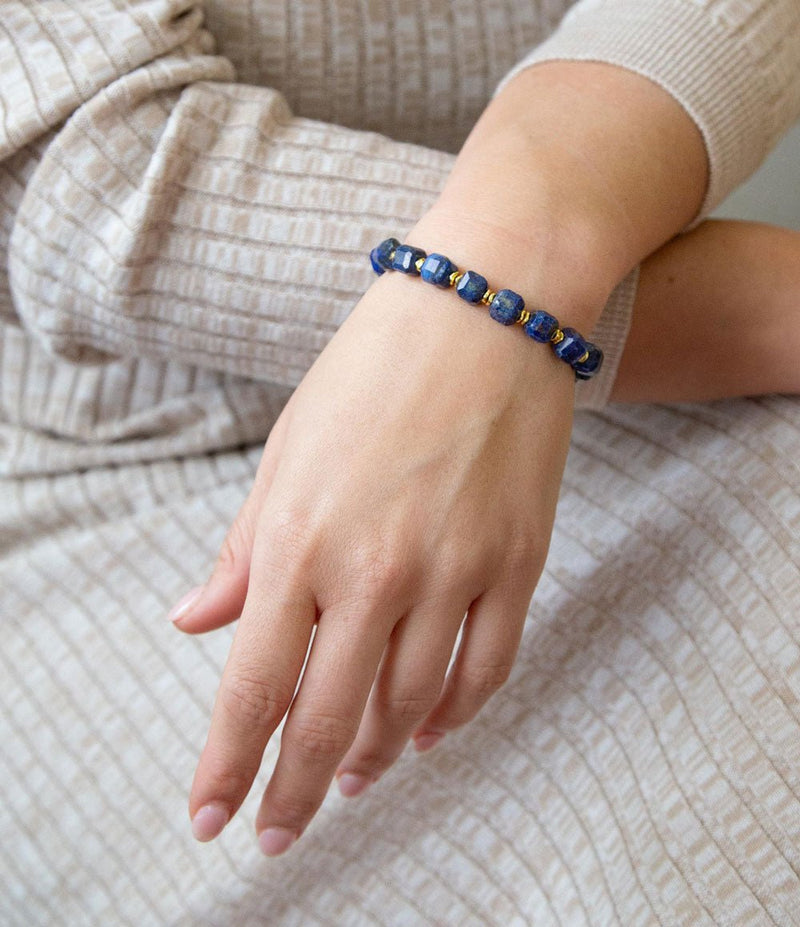 Azul Blue Cubed Lapis Golden Stretch Bracelet - Barse Jewelry