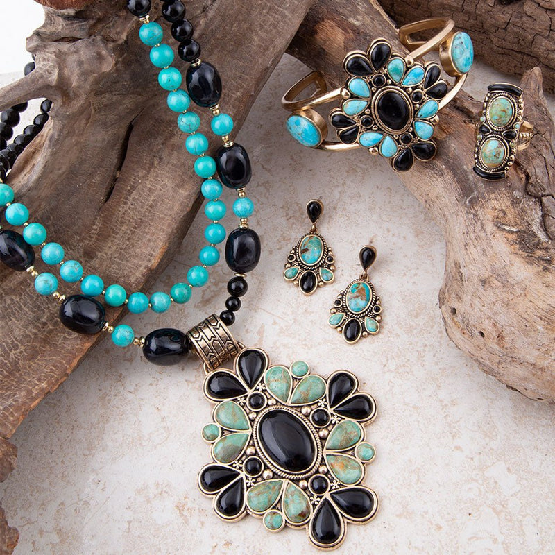 Barcelona Blue Turquoise and Black Onyx Post Drop Golden Earrings - Barse Jewelry