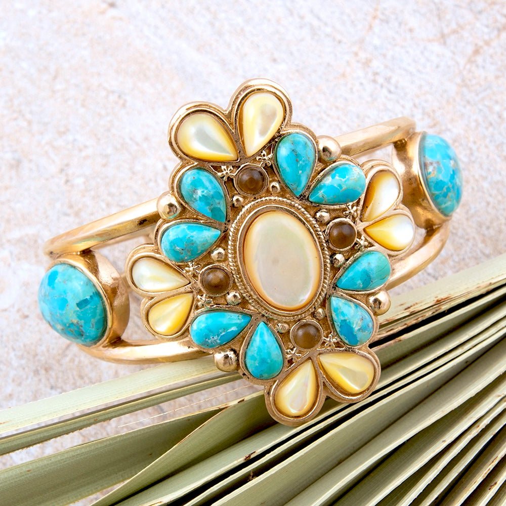 Barcelona Blue Turquoise and Caramel Mother of Pearl Golden Cuff Bracelet - Barse Jewelry