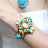 Barcelona Blue Turquoise and Caramel Mother of Pearl Golden Cuff Bracelet - Barse Jewelry