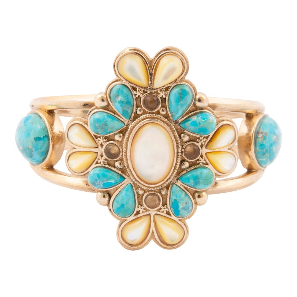 Barcelona Blue Turquoise and Caramel Mother of Pearl Golden Cuff Bracelet - Barse Jewelry