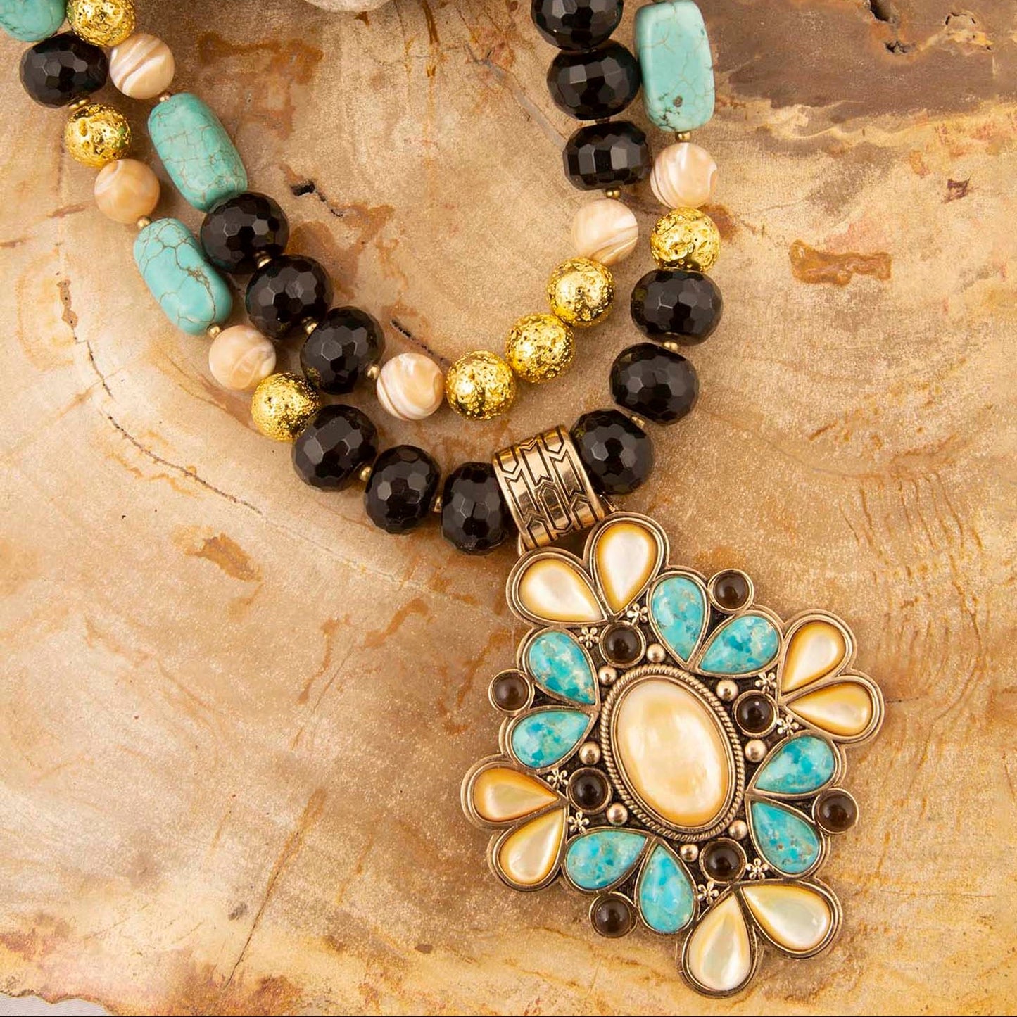 Barcelona Blue Turquoise and Caramel Mother of Pearl Golden Pendant Necklace - Barse Jewelry