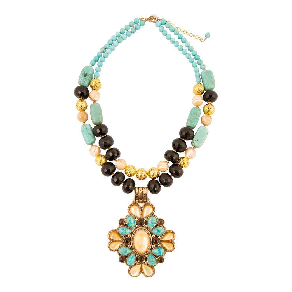 Barcelona Blue Turquoise and Caramel Mother of Pearl Golden Pendant Necklace - Barse Jewelry