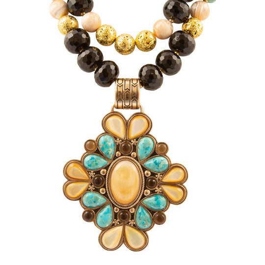 Barcelona Blue Turquoise and Caramel Mother of Pearl Golden Pendant Necklace