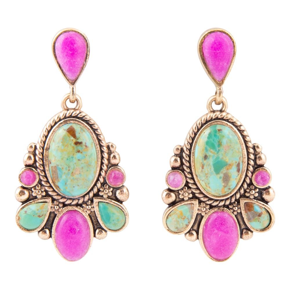 Barcelona Blue Turquoise and Pink Agate Golden Drop Earrings - Barse Jewelry