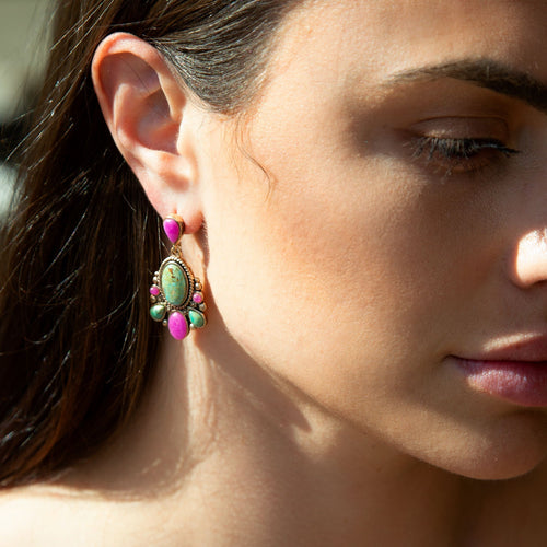 Barcelona Blue Turquoise and Pink Agate Golden Drop Earrings - Barse Jewelry