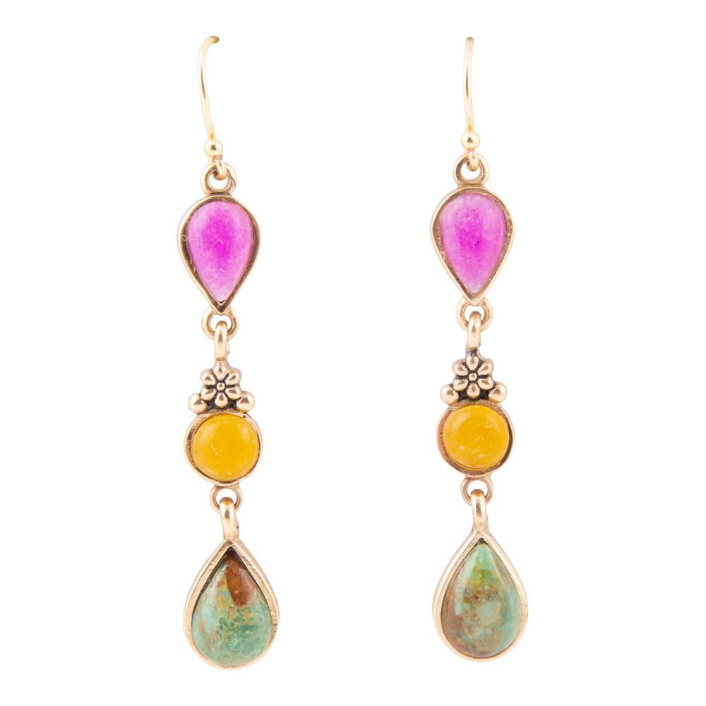 Barcelona Blue Turquoise Pink and Yellow Linear Drop Golden Earrings - Barse Jewelry