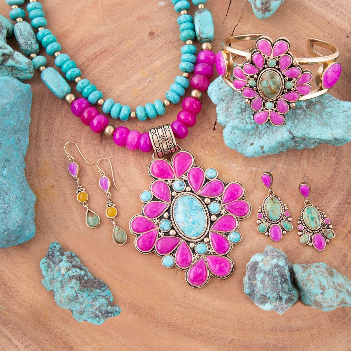 Barcelona Pink Agate and Blue Turquoise Statement Cuff Bracelet - Barse Jewelry