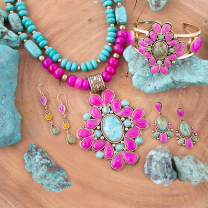 Barcelona Pink Agate and Blue Turquoise Statement Cuff Bracelet - Barse Jewelry