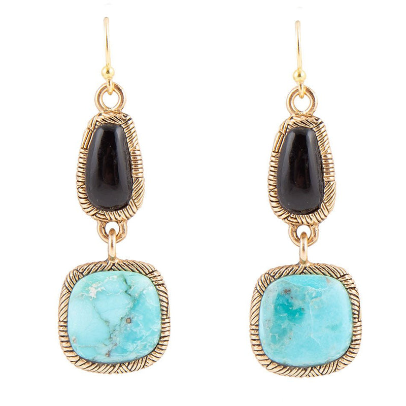 Black Onyx and Blue turquoise Golden Bronze Drop Earrings - Barse Jewelry