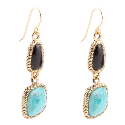 Black Onyx and Blue turquoise Golden Bronze Drop Earrings - Barse Jewelry