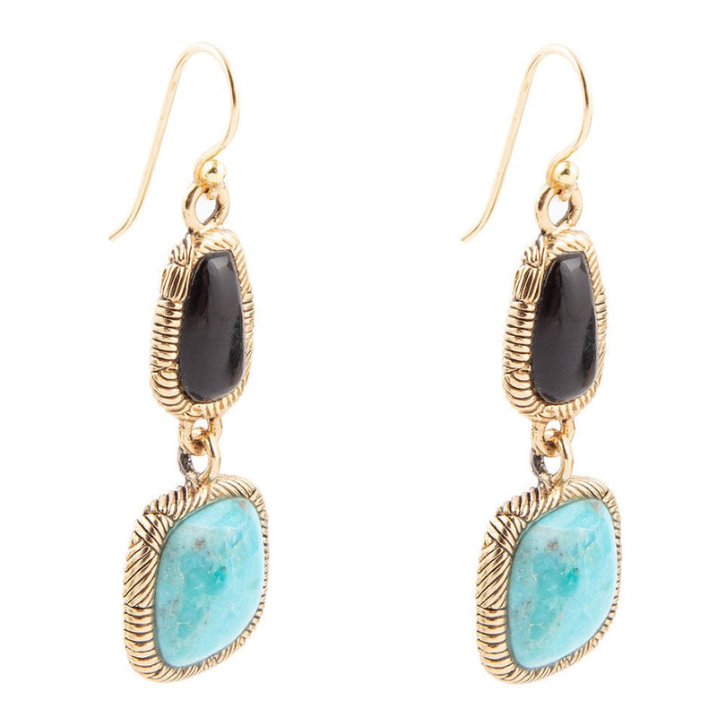 Black Onyx and Blue turquoise Golden Bronze Drop Earrings - Barse Jewelry