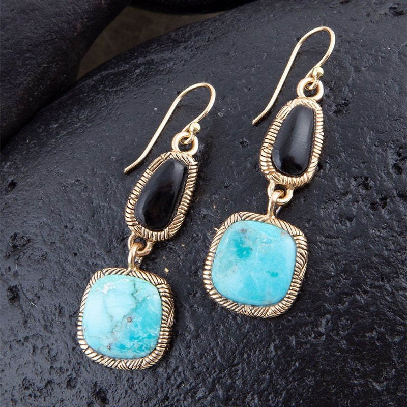 Black Onyx and Blue turquoise Golden Bronze Drop Earrings - Barse Jewelry