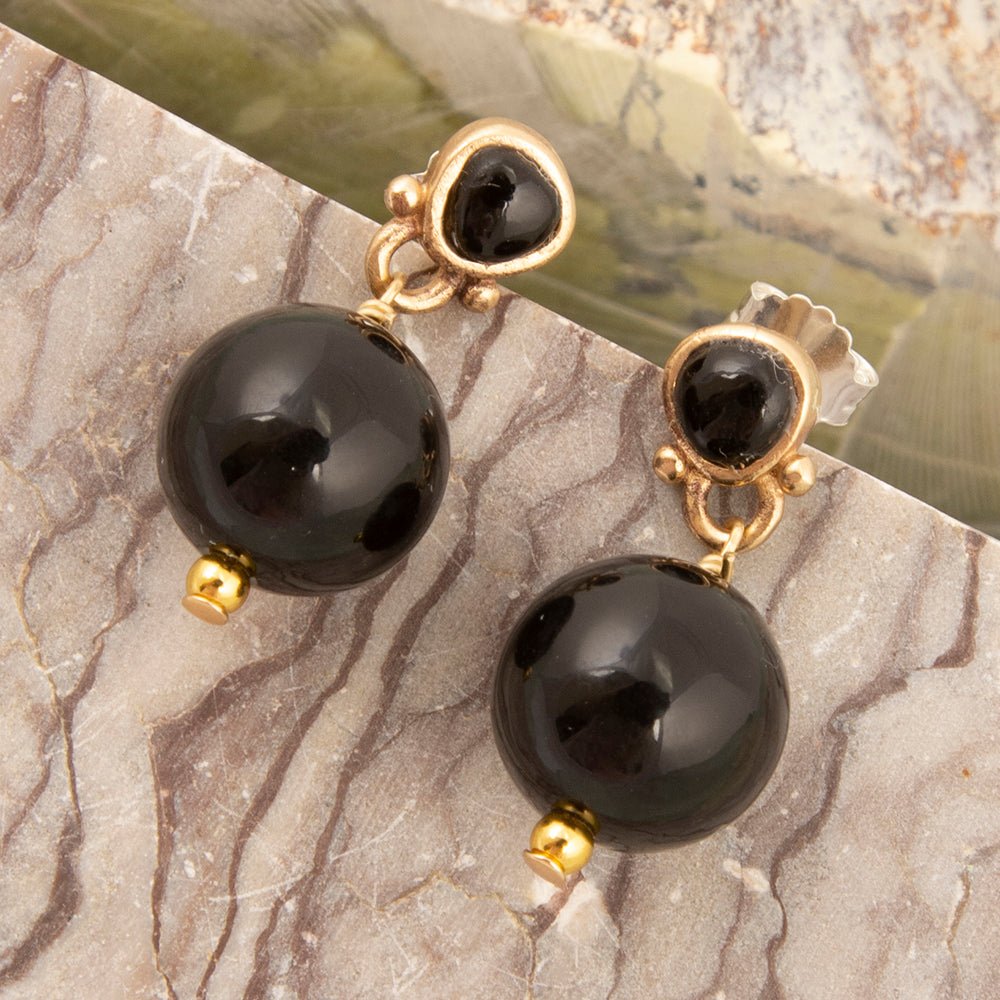 Black Onyx Golden Drop Post Earrings - Barse Jewelry