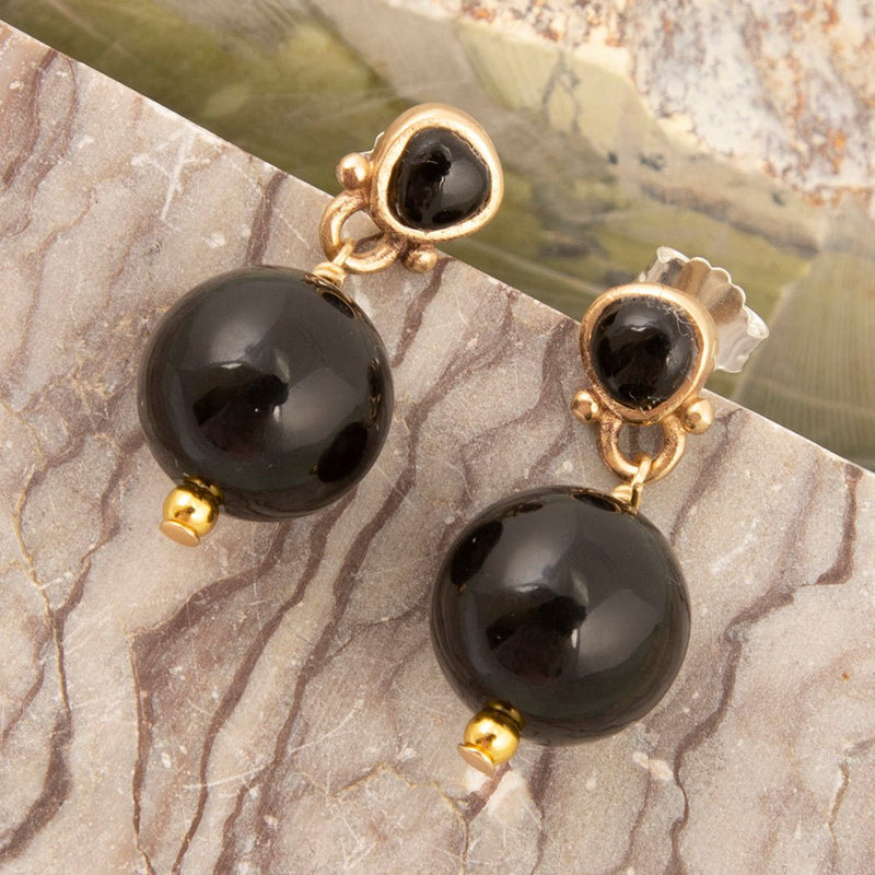 Black Onyx Golden Drop Post Earrings - Barse Jewelry