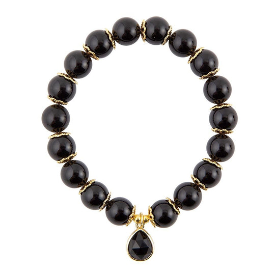 Black Onyx Gold Tone Beaded Stretch Bracelet