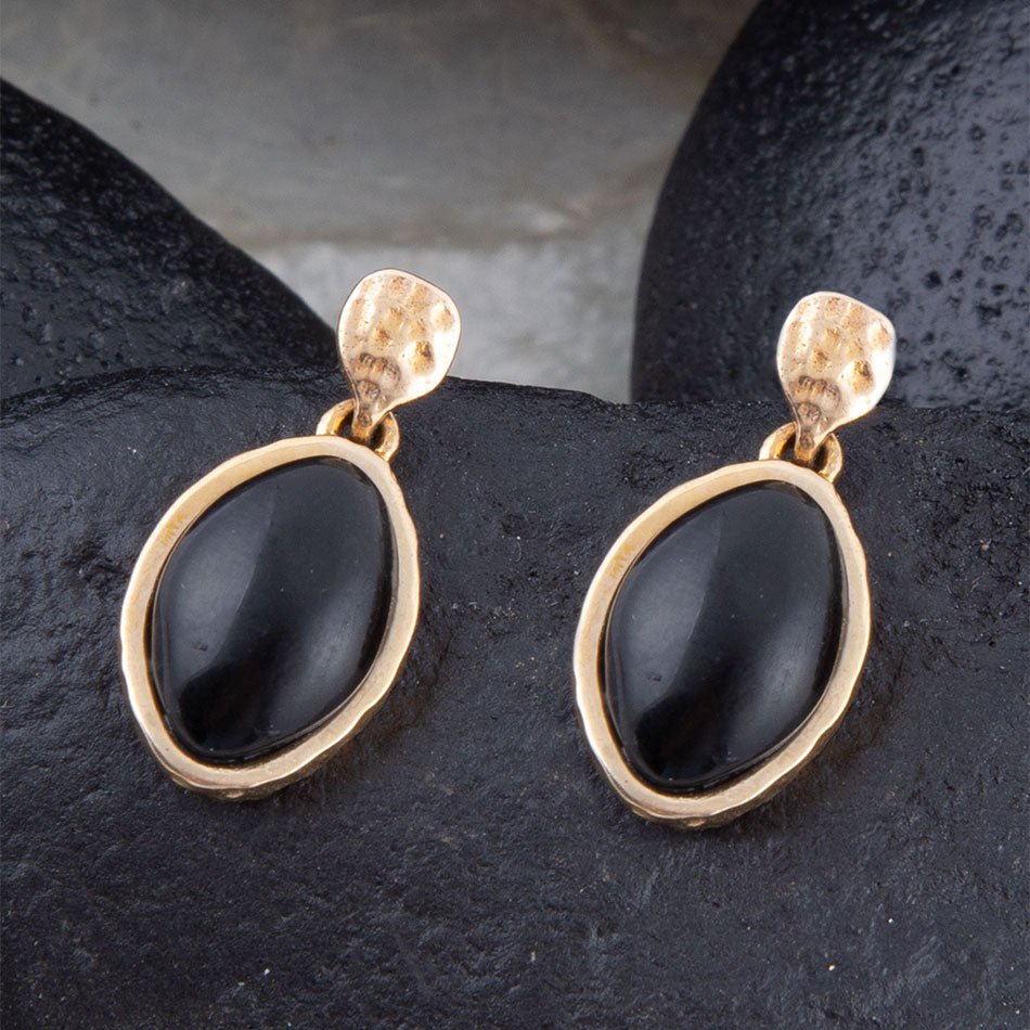 Black Onyx Hammered Post Drop Golden Earrings - Barse Jewelry
