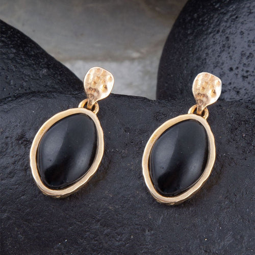 Black Onyx Hammered Post Drop Golden Earrings - Barse Jewelry
