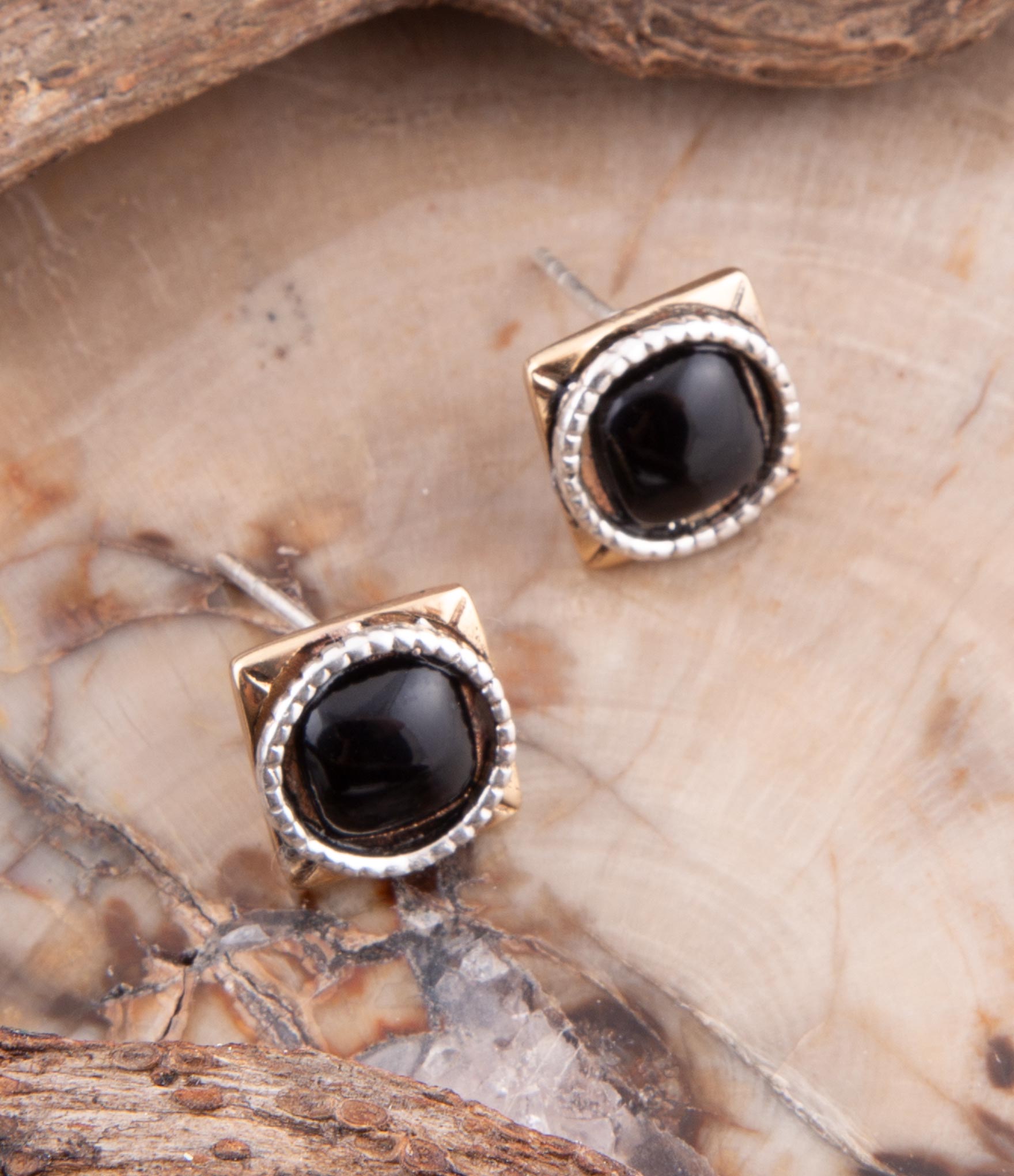 Black Onyx Mixed Metal Post Earrings - Barse Jewelry