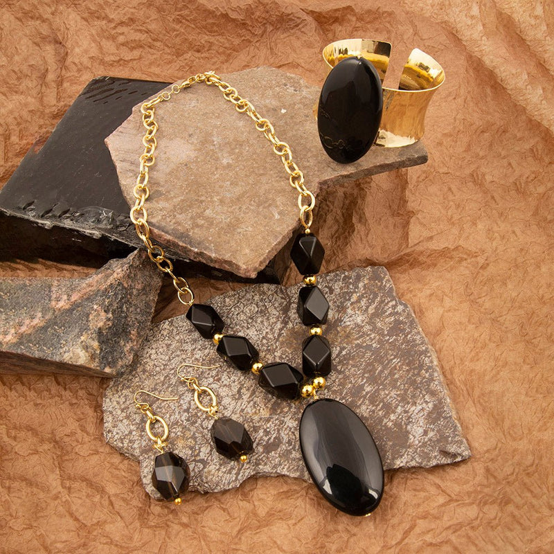 Black Onyx Slab Golden Cuff Bracelet - Barse Jewelry