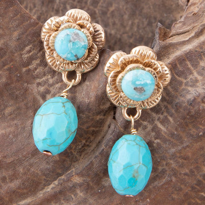 Blooming Blue Turquoise Golden Drop Earrings - Barse Jewelry