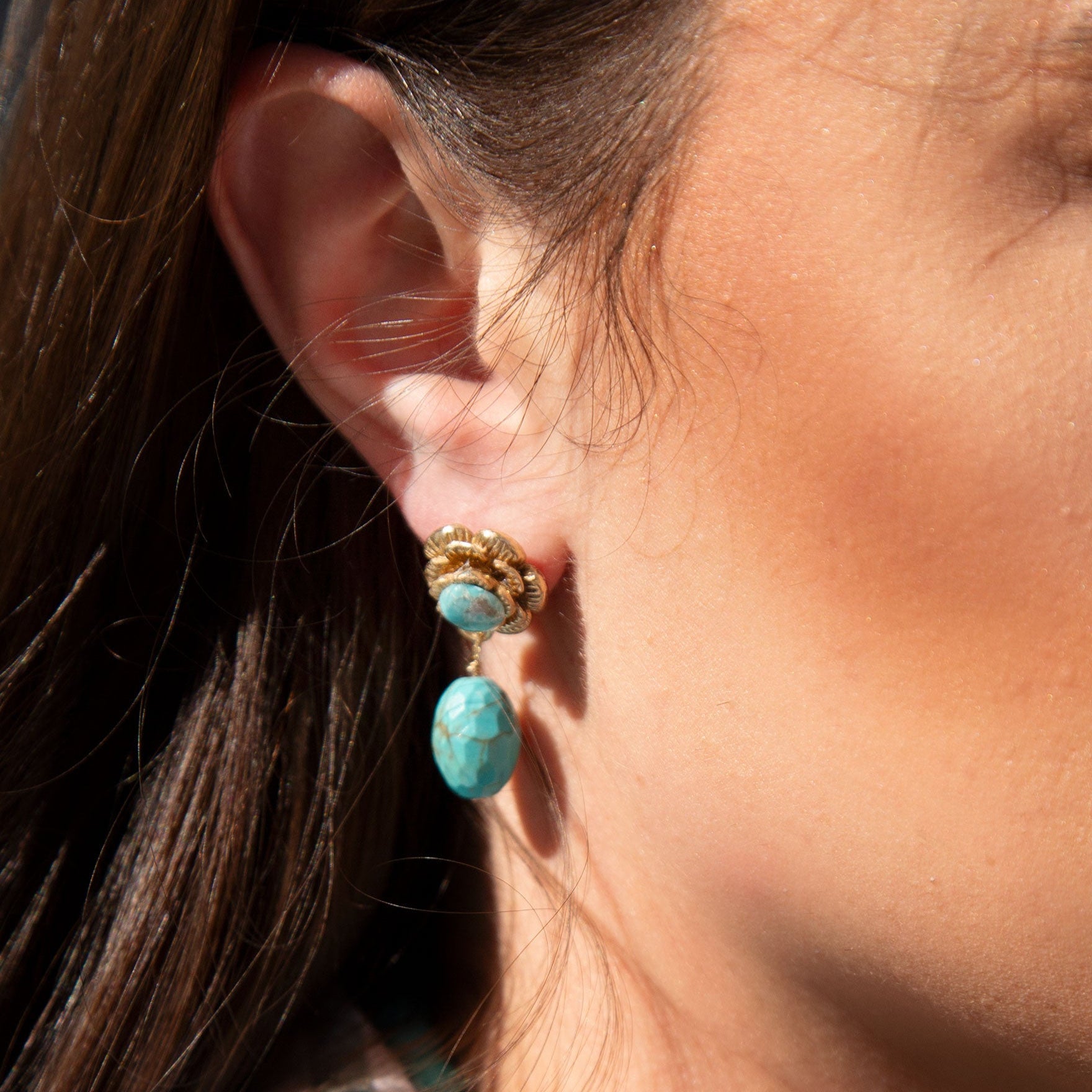 Blooming Blue Turquoise Golden Drop Earrings - Barse Jewelry